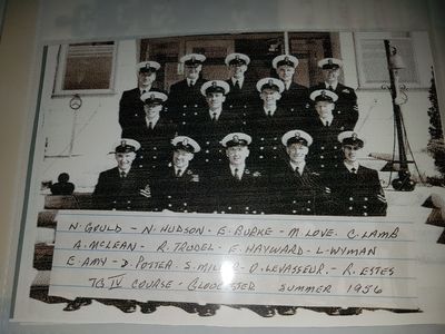  TG IV Course Summer 1956 HMCS Gloucester
Back: N. Gould, N. Hudson, E. Burke, M. Love, C. Lamb
Center: A. McLean, R. Trudel, E. Hayward, L. Wyman
Front: E. Amy, D. Potter, S. Miller, D. Levasseur, R. Estes

From Terry Whalley collection
Scanned by Dave Berry
