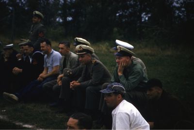 Ball Game at Gloucester Aug or Sep 1957
Standing PO Ray Trudel. Seated in front of Trudel is Gerry Bursey. Next is PO Frank Cormier. Next is Lt Doug Davidson. Next is, partly obscured Chief Bungy Williams. Next is Commander D Blackmore, who was the senior officer of the suprad command. Next is, partly obscured, Chief Don Cameron, then Chief Doug Potter, then, in dark cap, Willy Yorga, then Louis Lamoureux, and finally, mostly obscured, Sheldon Duffy

Donated by Ray White

