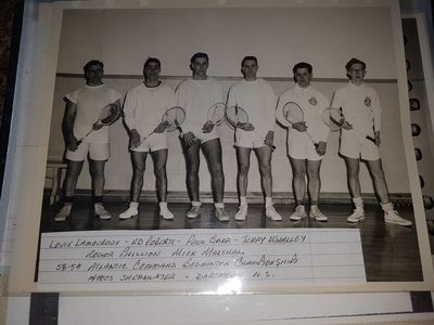 1958 Atlantic Command Badminton Champs
Louie Lamouroux, Ed Roberts, Paul Barr, Terry Whalley, Roger Phillion, Mick Marshall.
HMCS Shearwater

From Terry Whalley collection
Scanned by Dave Berry
