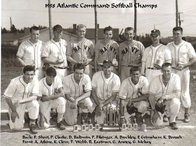 1958 Atlantic Command Softball Champions
Back: F. Short, P. Clarke, D. Baldwin, P. Filsinger, A. Brockley, E. Grimshaw, K. Dorush
Front: A. Atkins, K. Clow, T. Webb, R. Eastman, G. Anstey, G. Mckay

Provided by Dave Berry
