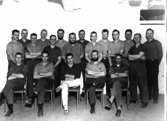 Tri-Service Shift at Alert spring 1965
Front Row: ?, Hamilton, ?, George Barkhouse, ?;

Center Row: Sam Simard, ?, Albert Brule?, ?, ?, ?, ?;

Back Row: Palmerstone, Chuck O'Dale, Bob Tone, Herb Couture(or Delbert Dorrington), Dave Christmas, ?, ?.

Donated by Charles O'Dale
