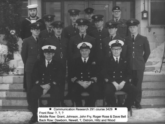 Comm Rsch course 3429 Gloucester
Front row: MWO Vern Veinot, LCdr "Tug" Wilson, CWO Morley Love
Middle row: Grant, Johnson, John Fry, Roger Rose, Dave Bell
Back row: Dawborn, Newell, Bouzane, Ostrom, Hiltz, Wood

Donated by Roger Rose
Update 16 Dec 2006
Front row provided by Bob Lesperance
