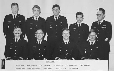 7801 42A1
Back Row: MWO Carter, Lt Lineham, LT Brasier, LT Bonniere, CWO Manuel
Front Row: Capt Weisbrot, Capt Howe, Capt Leitch, Lt Turpin

Scanned by Pat Guevremont
