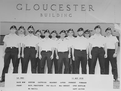 7802 LO
Back Row: Buxton, Gauthier, Beaudry, Loyer, Foubert, Forward
Front Row: MCpl Procyshyn, PO2 Rod Ellis, Maj Doucet, CPO2 Gerry Kotyluk, MS Chuck Magill, Capt Leitch

Scanned by Pat Guevremont
