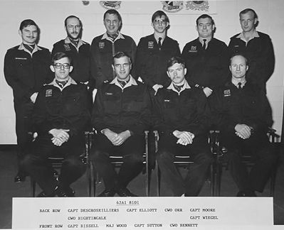 8101 42A1
Back Row: Capt Desgroseilliers, Capt Elliot, CWO Orr, Capt Moore, CWO Nightingale, Capt Wiegel
Seated: Capt Bissell, Maj Wood, Capt Sutton, CWO Bennett

Scanned by Pat Guevremont
