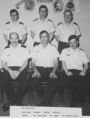 8101 SigDev
Back Row: Bedard, Byrtus, Woodall
Seated: WO Crossland, Maj Wood, Sgt MacWilliams

Scanned by Pat Guevremont
