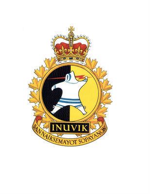 Inuvik crest
Blazon: Party per pale Sable and Or, the figure of an Eskimo in native
garb, Argent, embellished Azure, his back affronte and launching
with his dexter arm a lighting flash Gules.
Significance: The black and yellow background is symbolic of the
long, seasonal Arctic nights and days. The Eskimo is used here in
reference to the meaning of the word "Inuvik" -"The Place of
Man"; or "The Place Where Man Is". He is shown in the act of
hurling a flash of lightning, as a reference to naval communication.
Ship's Colours: Yellow and Black.
