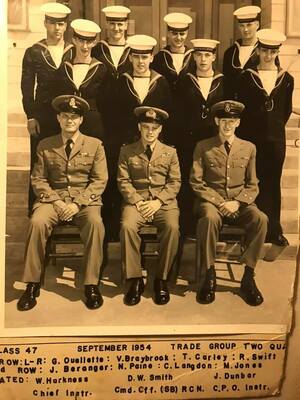 Class 47 Trade Group II
Back Row: G. Ouellette, V. Braybrook, T. Carley, R. Swift
Middle Row: J Beranger, N. Paine, C. Langdon, M. Jones
Seated W. Harkness (Chief Instructor), D.W. Smith (Commanding Officer (SB) RCN), CPO J. Dunbar (Instructor)
